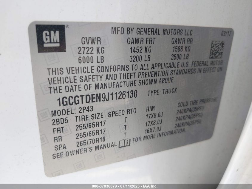 2018 CHEVROLET COLORADO Z71 - 1GCGTDEN9J1126130