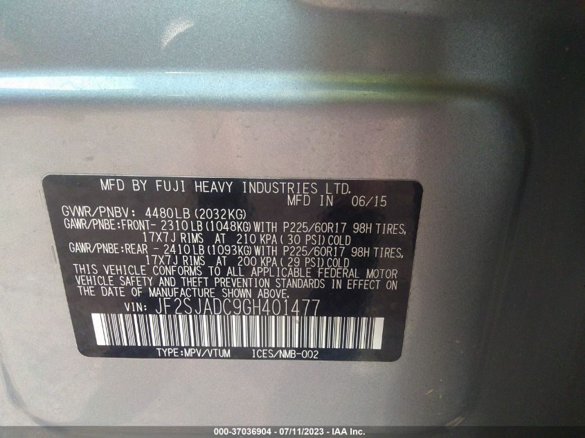 2016 SUBARU FORESTER 2.5I PREMIUM - JF2SJADC9GH401477