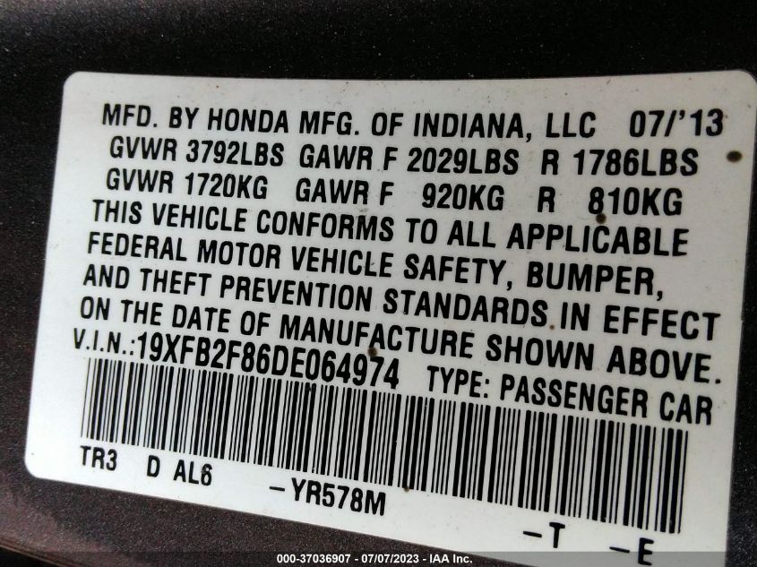 2013 HONDA CIVIC SDN EX - 19XFB2F86DE064974