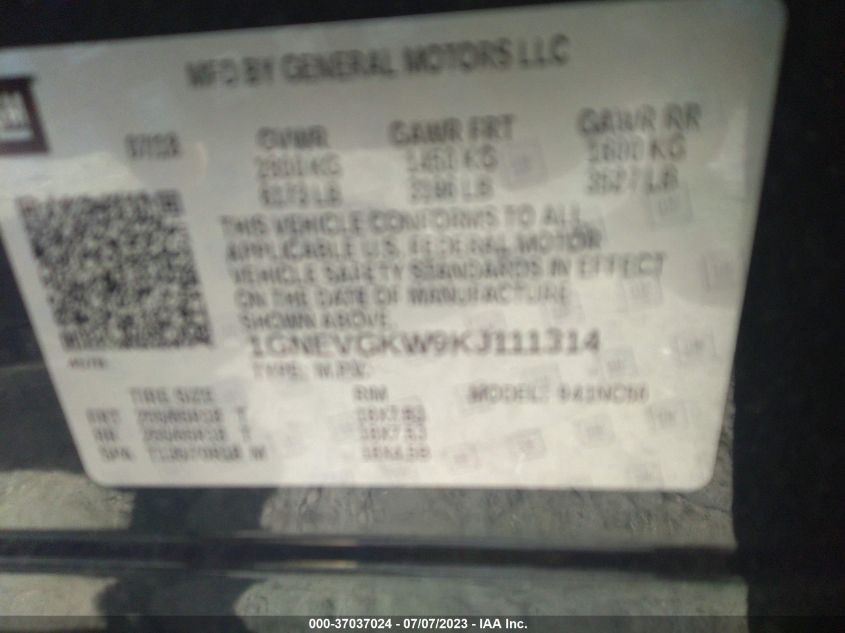 2019 CHEVROLET TRAVERSE LT CLOTH - 1GNEVGKW9KJ111314