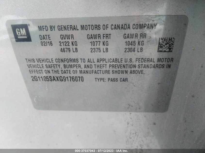 2016 CHEVROLET IMPALA LT - 2G1105SAXG9176070