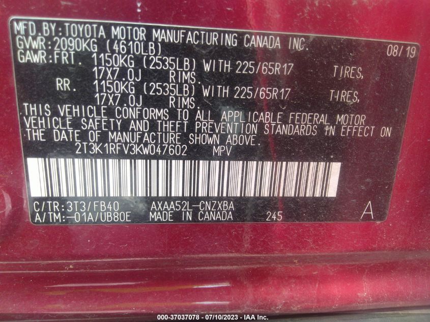 2019 TOYOTA RAV4 LE - 2T3K1RFV3KW047602