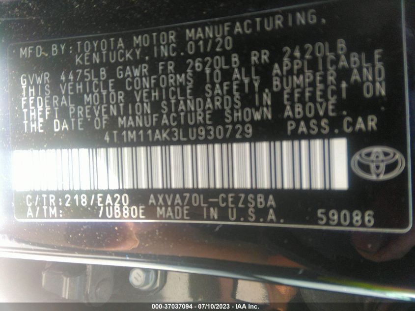 2020 TOYOTA CAMRY SE/SE NIGHT SHADE - 4T1M11AK3LU930729