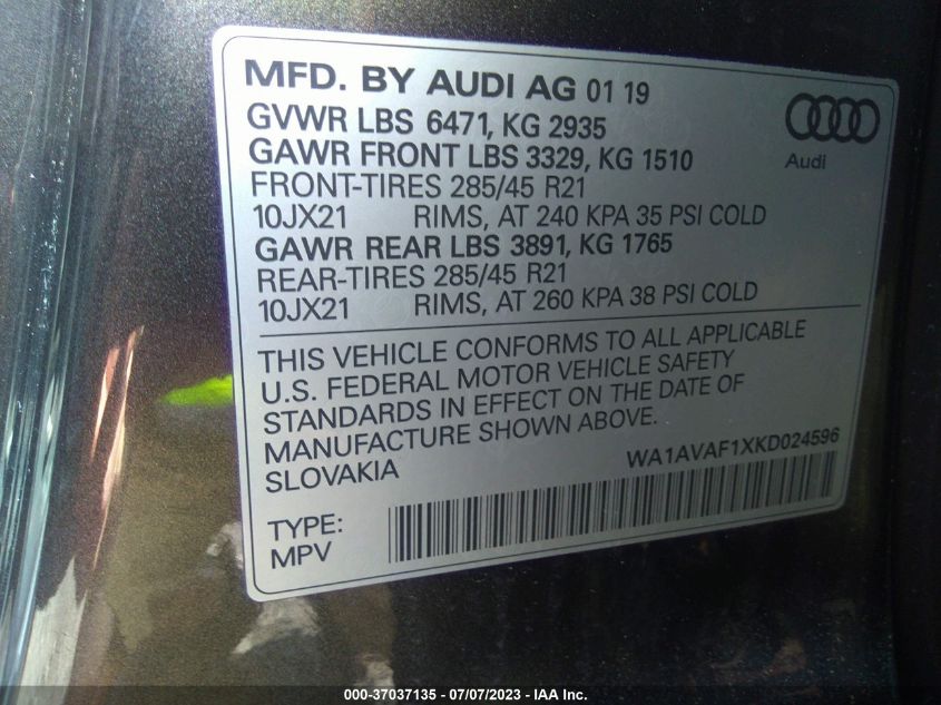 2019 AUDI Q8 PREMIUM - WA1AVAF1XKD024596