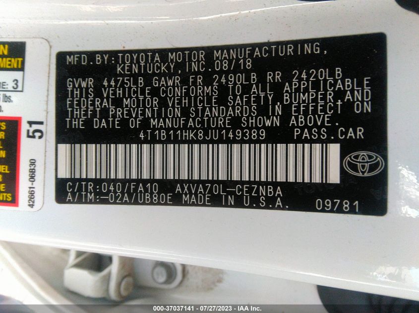 2018 TOYOTA CAMRY LE/SE/XLE/L - 4T1B11HK8JU149389