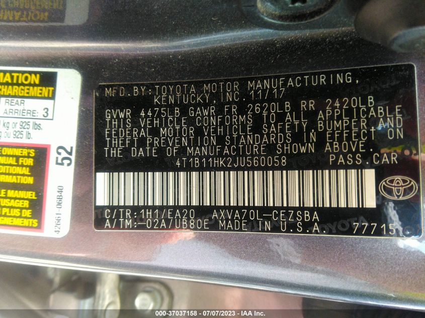 2018 TOYOTA CAMRY L/LE/XLE/SE/XSE - 4T1B11HK2JU560058