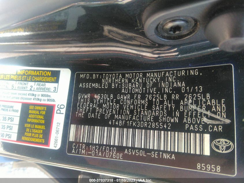 2013 TOYOTA CAMRY L/SE/LE/XLE - 4T4BF1FK3DR285542
