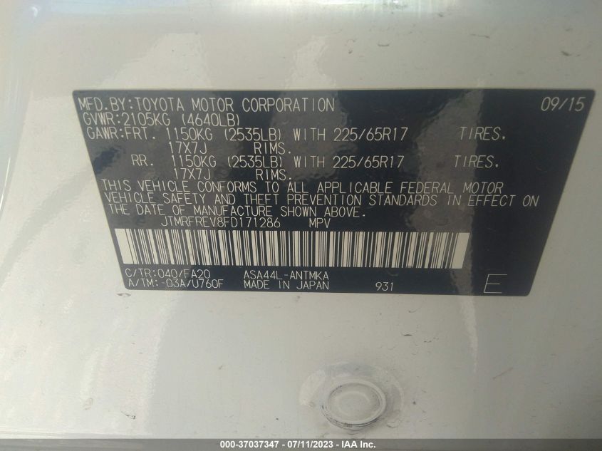 2015 TOYOTA RAV4 XLE - JTMRFREV8FD171286