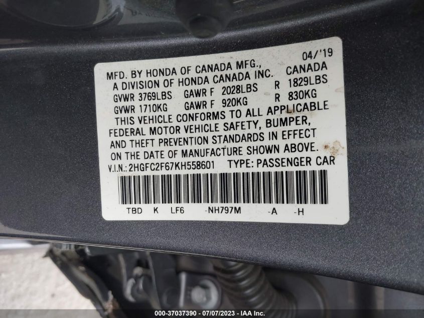 VIN 2HGFC2F67KH558601 2019 HONDA CIVIC no.9