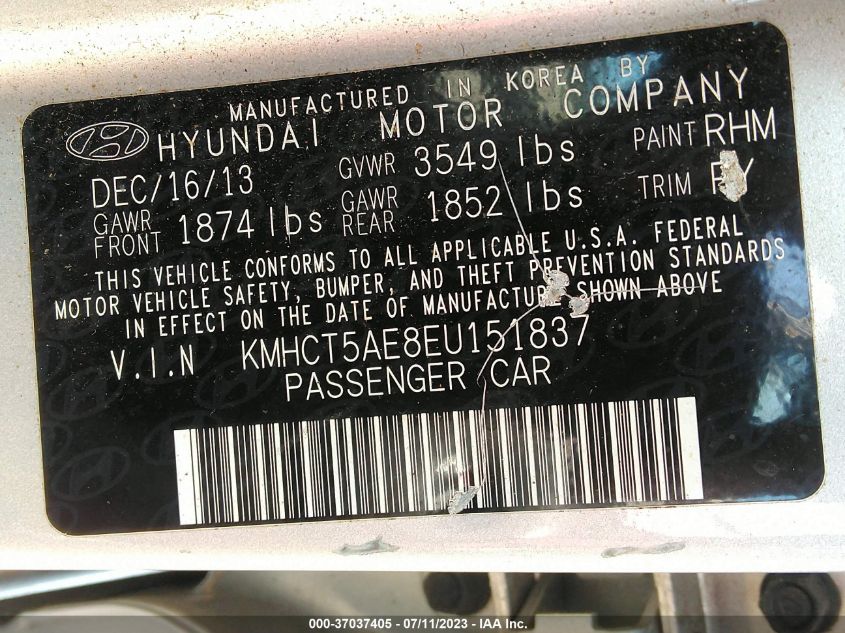 2014 HYUNDAI ACCENT GLS/GS - KMHCT5AE8EU151837
