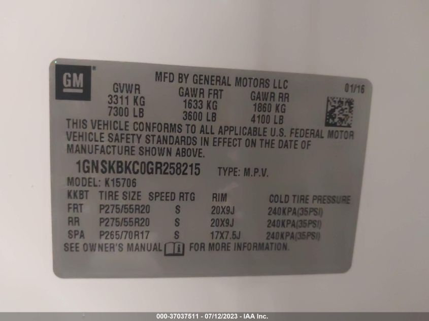 2016 CHEVROLET TAHOE LT - 1GNSKBKC0GR258215