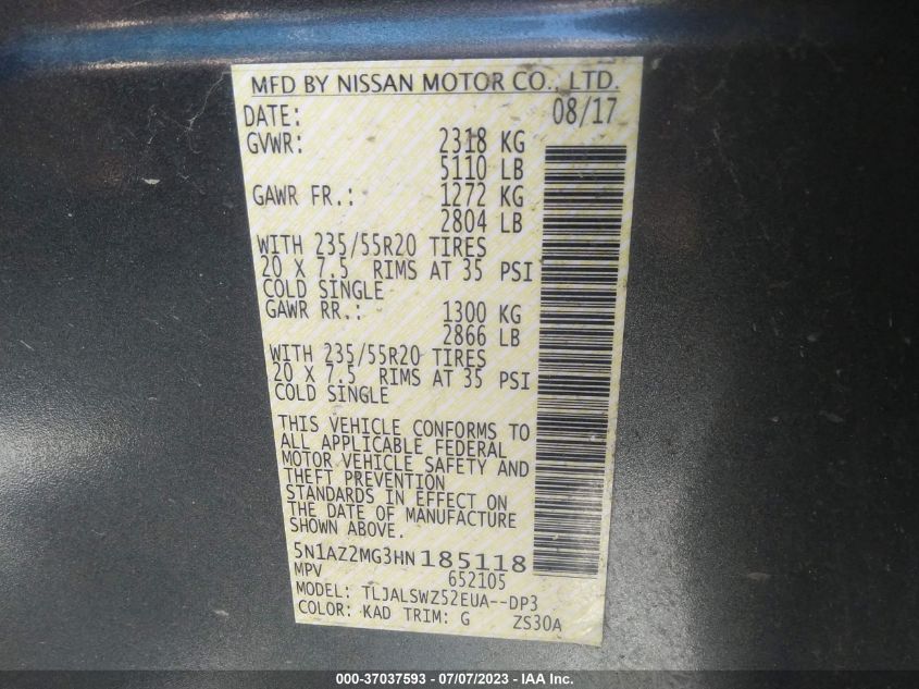 2017 NISSAN MURANO PLATINUM - 5N1AZ2MG3HN185118