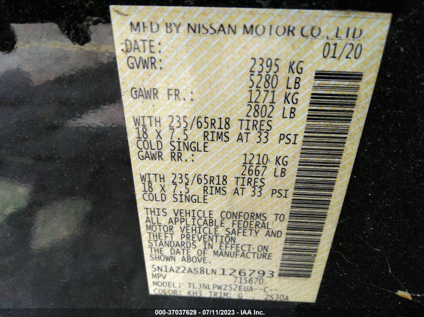2020 NISSAN MURANO S - 5N1AZ2AS8LN126793