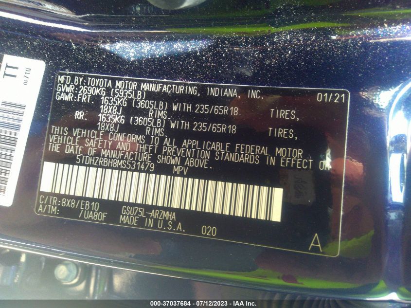 2021 TOYOTA HIGHLANDER XLE - 5TDHZRBH8MS531479