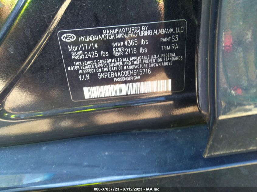 2014 HYUNDAI SONATA GLS - 5NPEB4AC0EH915716