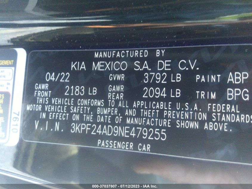 2022 KIA FORTE LXS - 3KPF24AD9NE479255