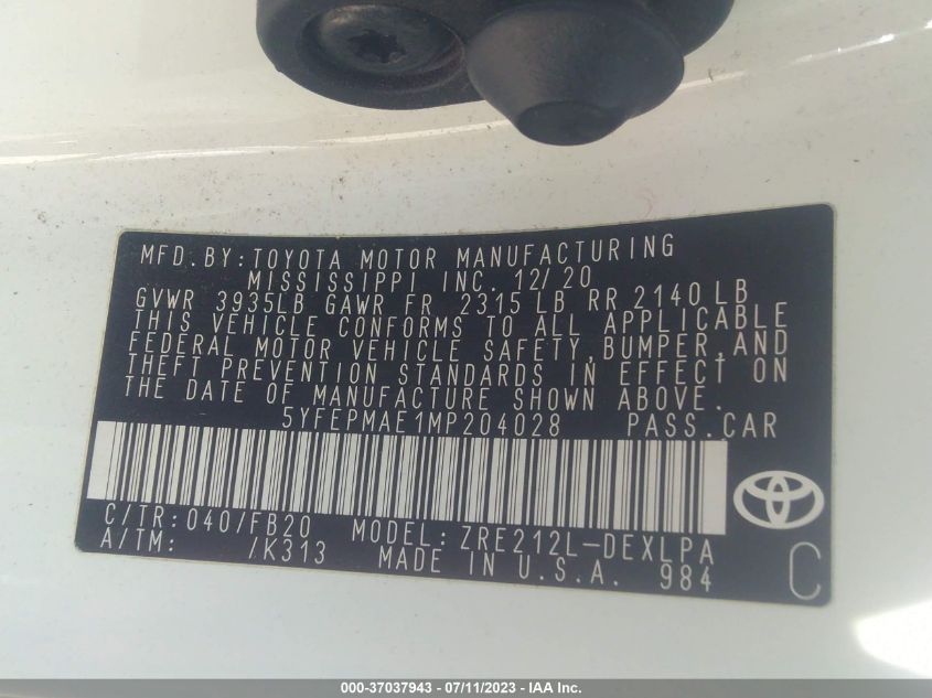 2021 TOYOTA COROLLA LE - 5YFEPMAE1MP204028