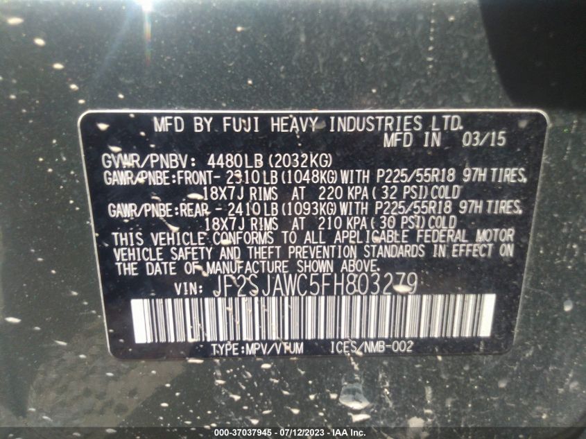 2015 SUBARU FORESTER 2.5I TOURING - JF2SJAWC5FH803279