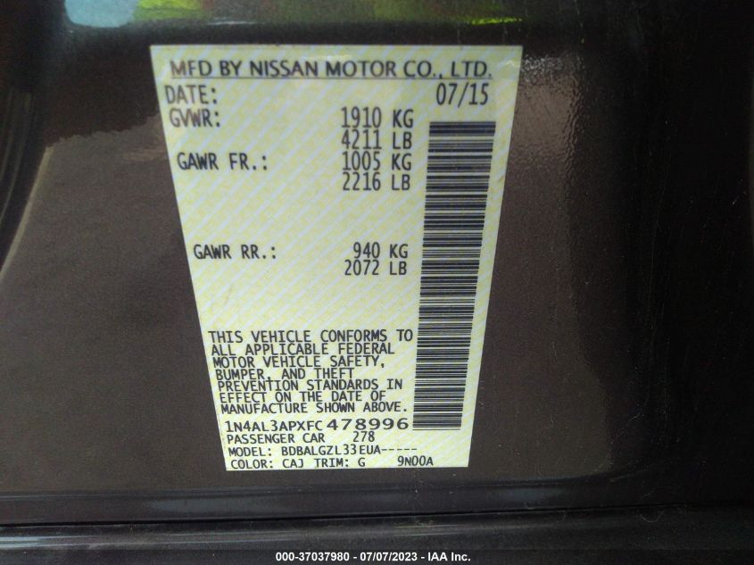 2015 NISSAN ALTIMA 2.5 - 1N4AL3APXFC478996