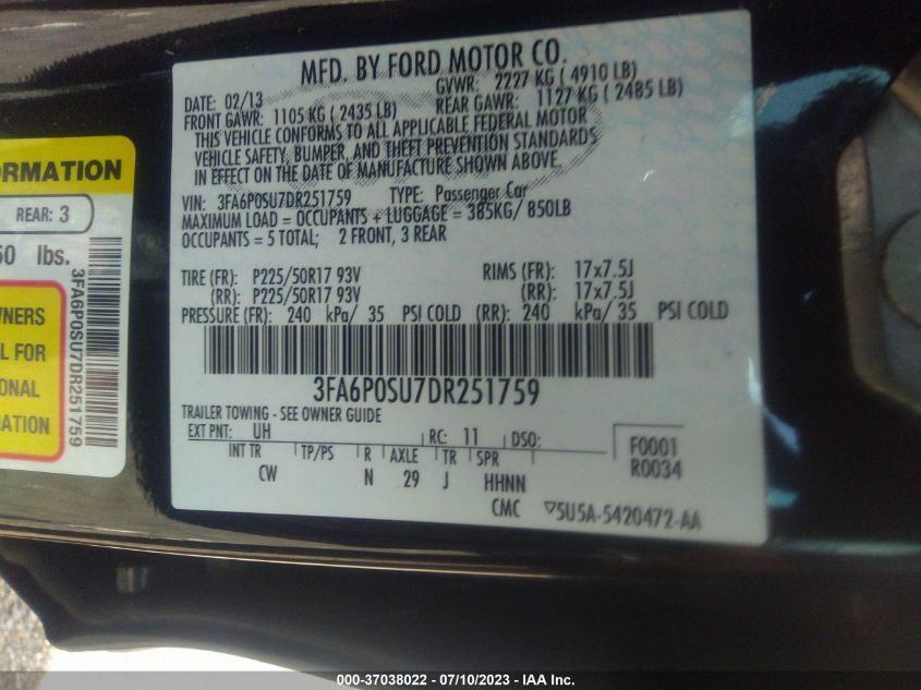 2013 FORD FUSION ENERGI TITANIUM - 3FA6P0SU7DR251759