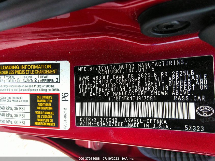 2015 TOYOTA CAMRY XLE/SE/LE/XSE - 4T1BF1FK1FU917581