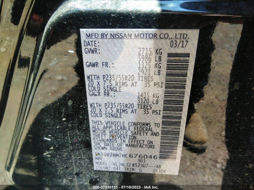 2017 NISSAN PATHFINDER PLATINUM - 5N1DR2MM7HC676046