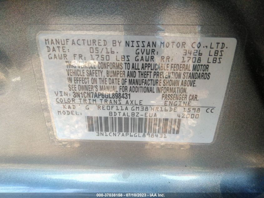 2016 NISSAN VERSA S/S PLUS/SL/SV - 3N1CN7AP6GL898431