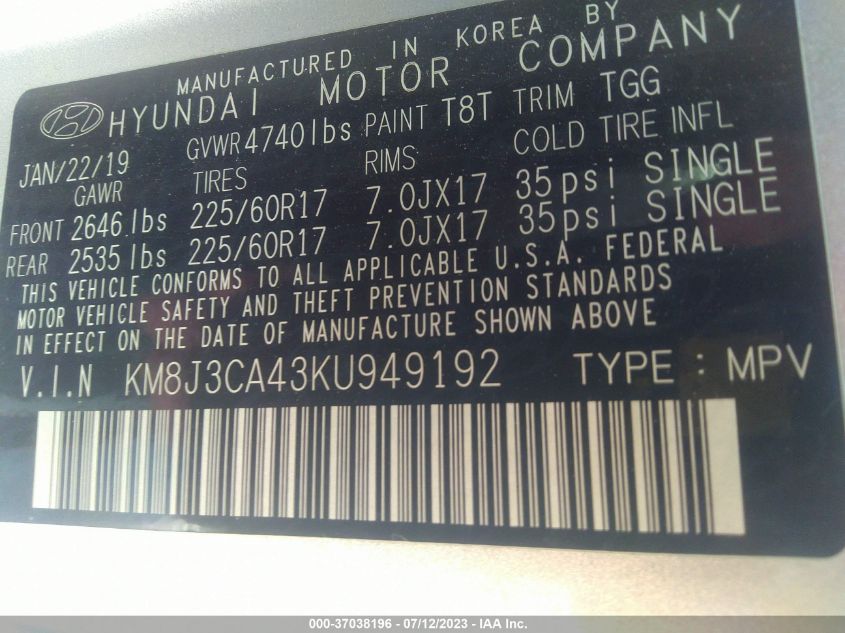 2019 HYUNDAI TUCSON VALUE - KM8J3CA43KU949192