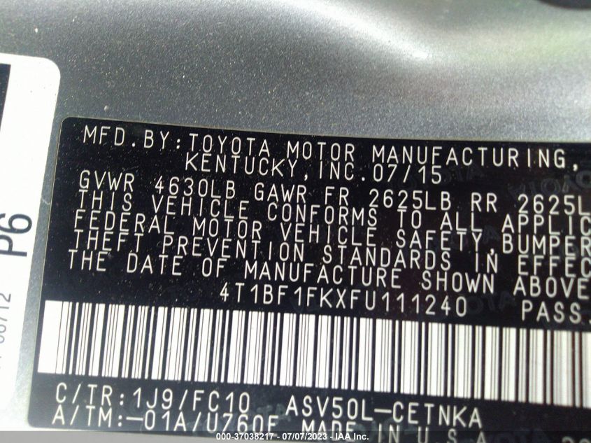 2015 TOYOTA CAMRY XLE/SE/LE/XSE - 4T1BF1FKXFU111240
