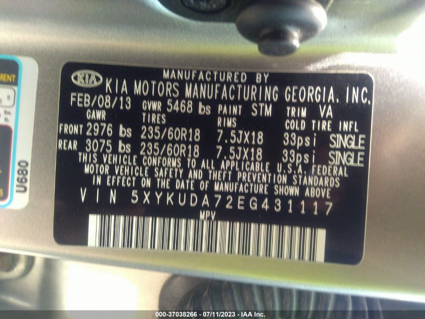 2014 KIA SORENTO EX - 5XYKUDA72EG431117