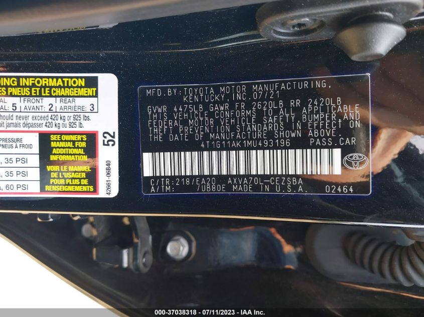 2021 TOYOTA CAMRY SE - 4T1G11AK1MU493196