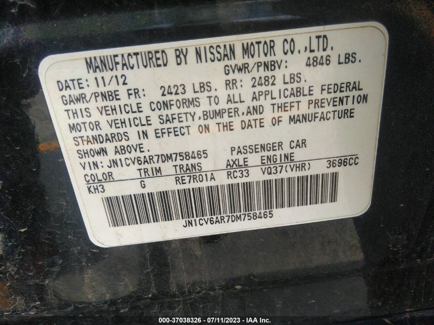 2013 INFINITI G37 SEDAN X - JN1CV6AR7DM758465