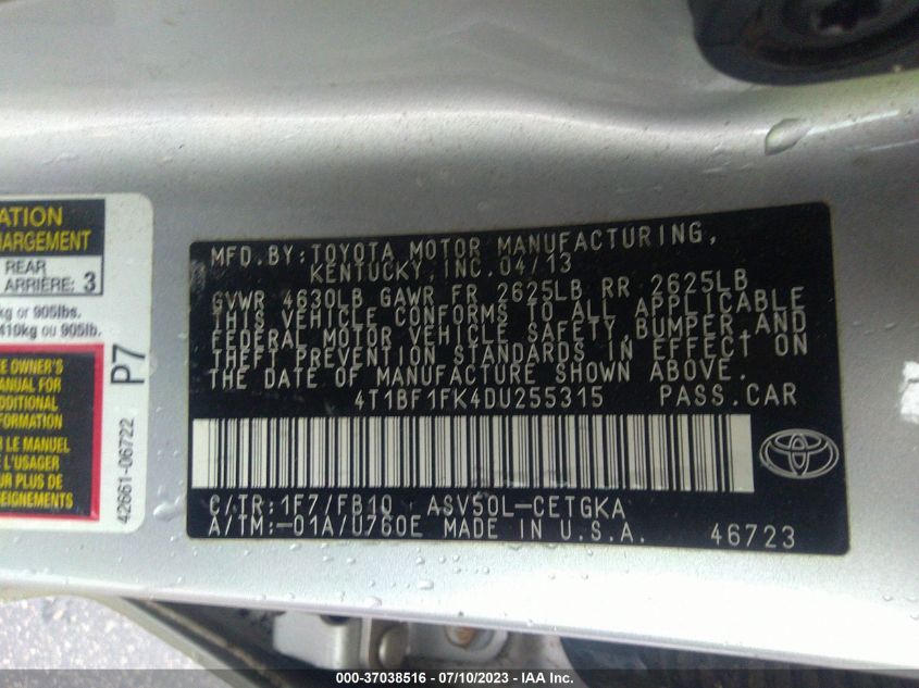 2013 TOYOTA CAMRY L/LE/SE/XLE - 4T1BF1FK4DU255315