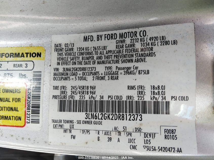 2013 LINCOLN MKZ - 3LN6L2GK2DR812373