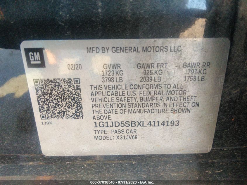 2020 CHEVROLET SONIC LT - 1G1JD5SBXL4114193