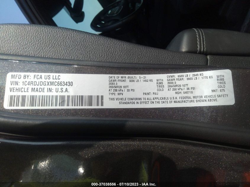 2021 DODGE DURANGO GT - 1C4RDJDGXMC663430