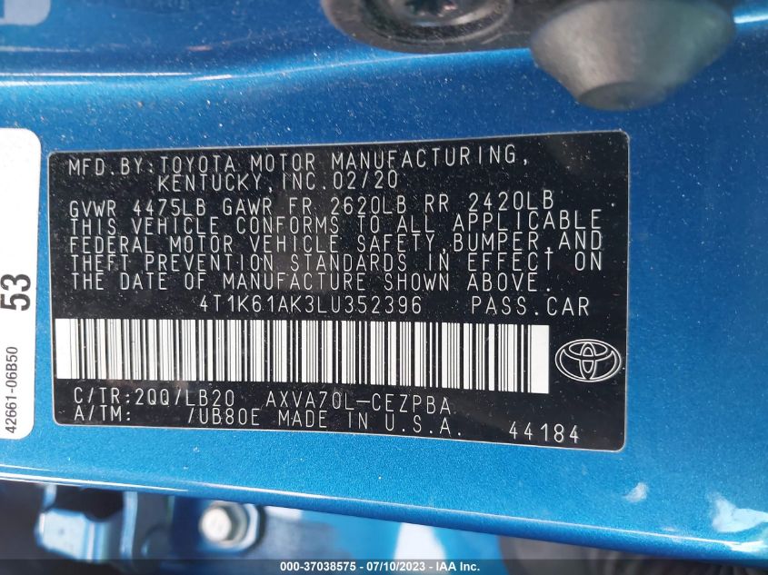 2020 TOYOTA CAMRY XSE - 4T1K61AK3LU352396