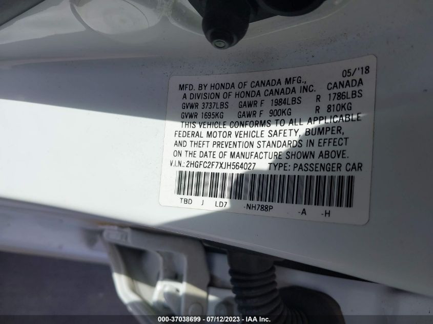 2018 HONDA CIVIC SEDAN EX - 2HGFC2F7XJH564027