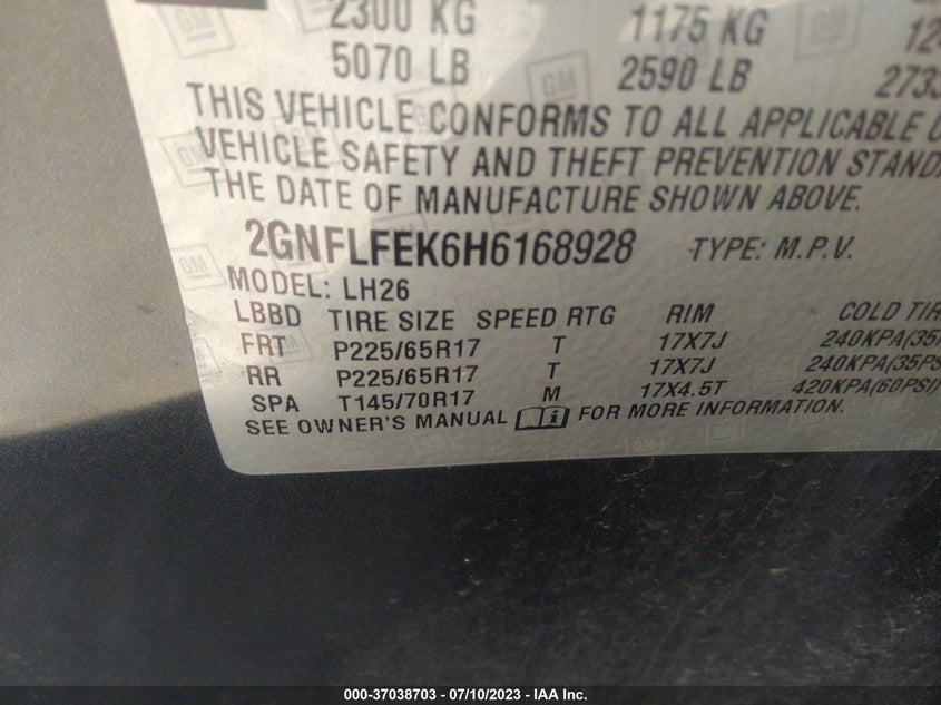 VIN 2GNFLFEK6H6168928 2017 CHEVROLET EQUINOX LT
