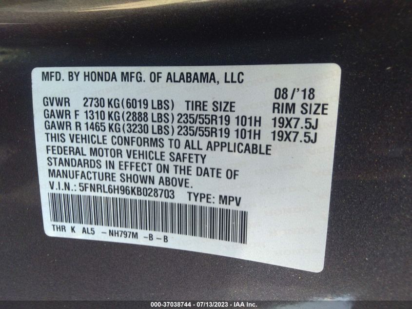 5FNRL6H96KB028703 2019 HONDA ODYSSEY, photo no. 9