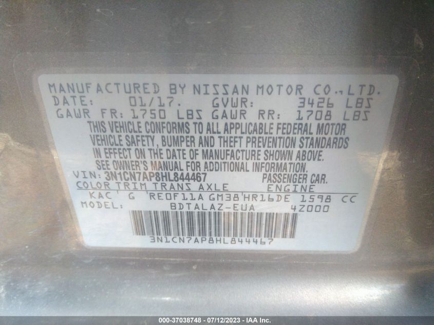 2017 NISSAN VERSA SEDAN S PLUS - 3N1CN7AP8HL844467