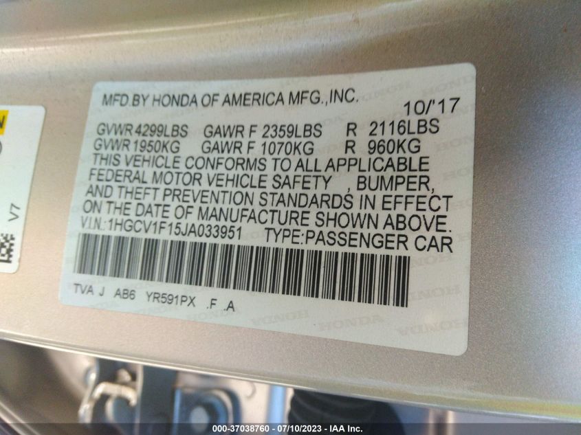 2018 HONDA ACCORD SEDAN LX 1.5T - 1HGCV1F15JA033951
