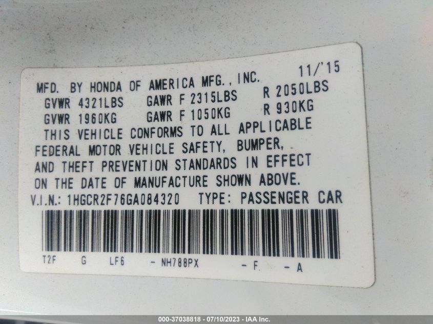 2016 HONDA ACCORD SEDAN EX - 1HGCR2F76GA084320