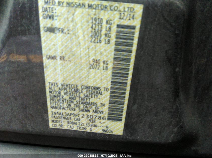 2015 NISSAN ALTIMA 2.5/S/SV/SL - 1N4AL3AP9FC230786