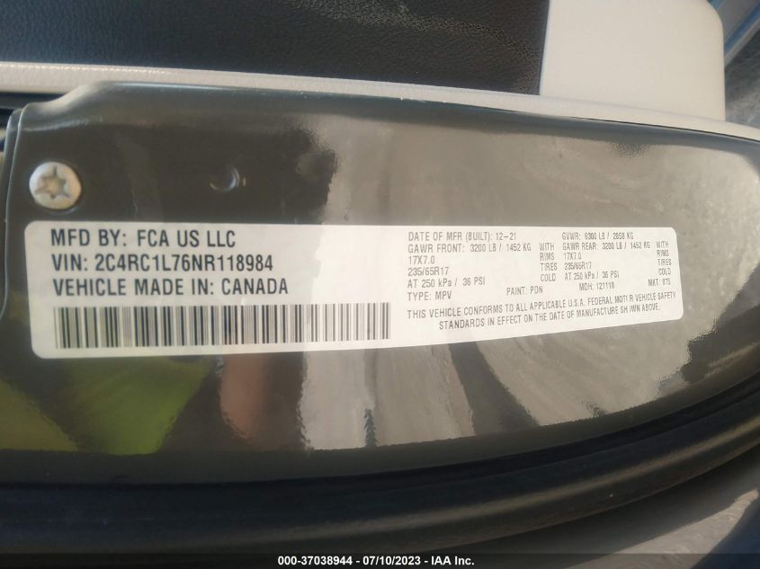 2022 CHRYSLER PACIFICA - 2C4RC1L76NR118984