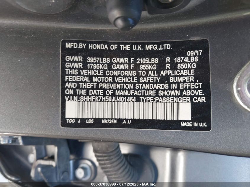2018 HONDA CIVIC HATCHBACK EX - SHHFK7H59JU401464