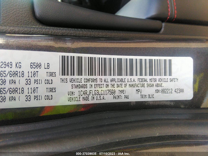 VIN 1C4RJFLG3LC117560 2020 JEEP GRAND CHEROKEE TRAILHAWK