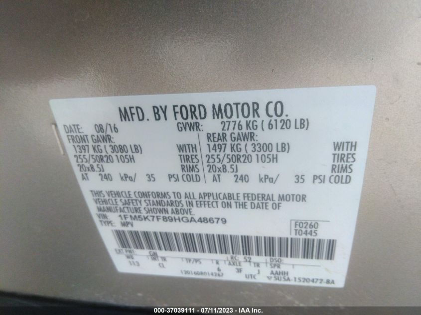 2017 FORD EXPLORER LIMITED - 1FM5K7F89HGA48679