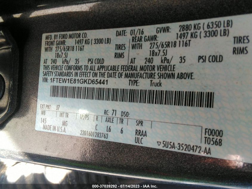 2016 FORD F-150 XLT - 1FTEW1E81GKD65441