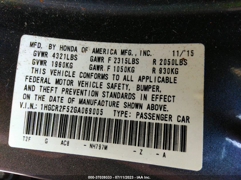 2016 HONDA ACCORD SEDAN SPORT - 1HGCR2F52GA069005